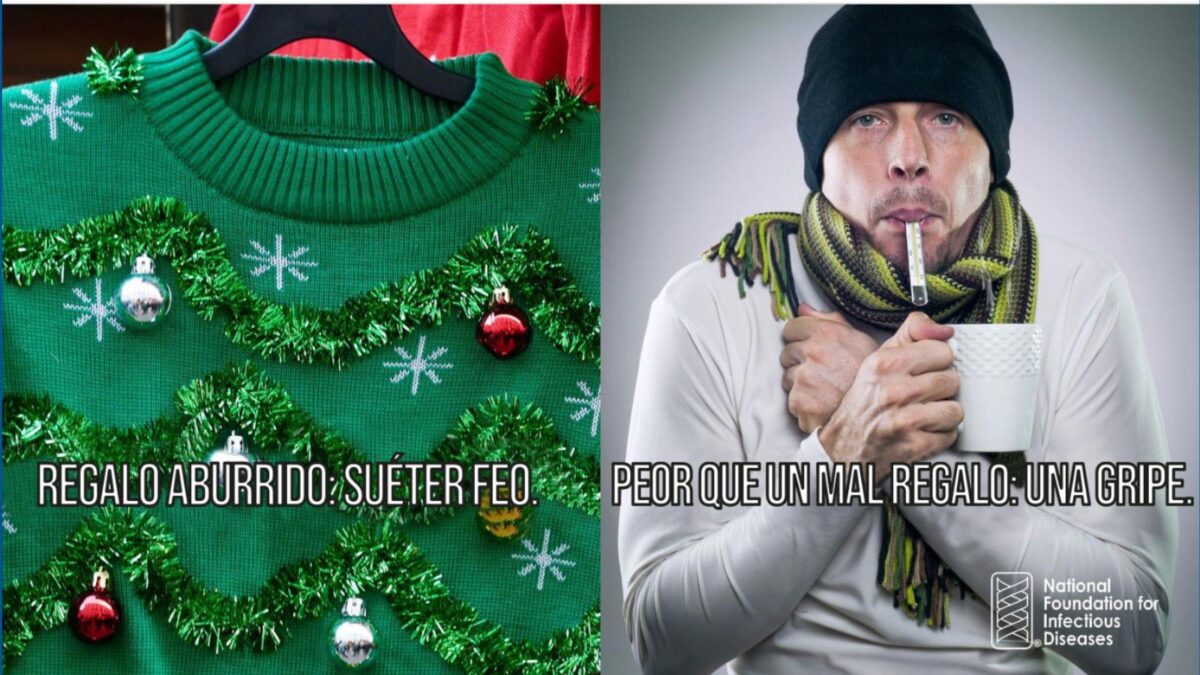 An ugly green holiday sweater and a man shivering because he is sick