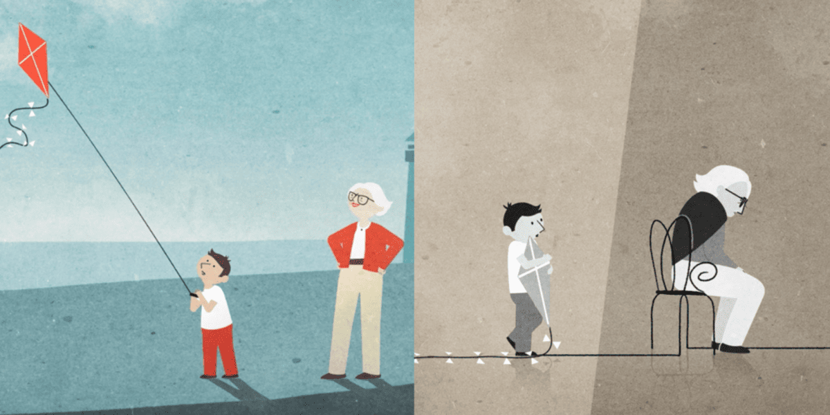 In one image, a grandmother and child fly a kite. In another image, a grandmother is hunched over in her chair while the child holds a kite.